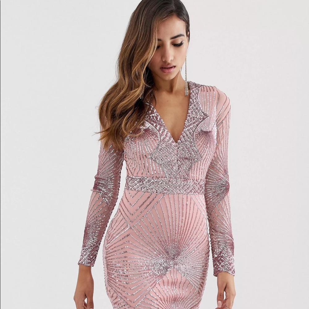 Goddiva plunge embellished sequin mini dress with long sleeves in rose pink